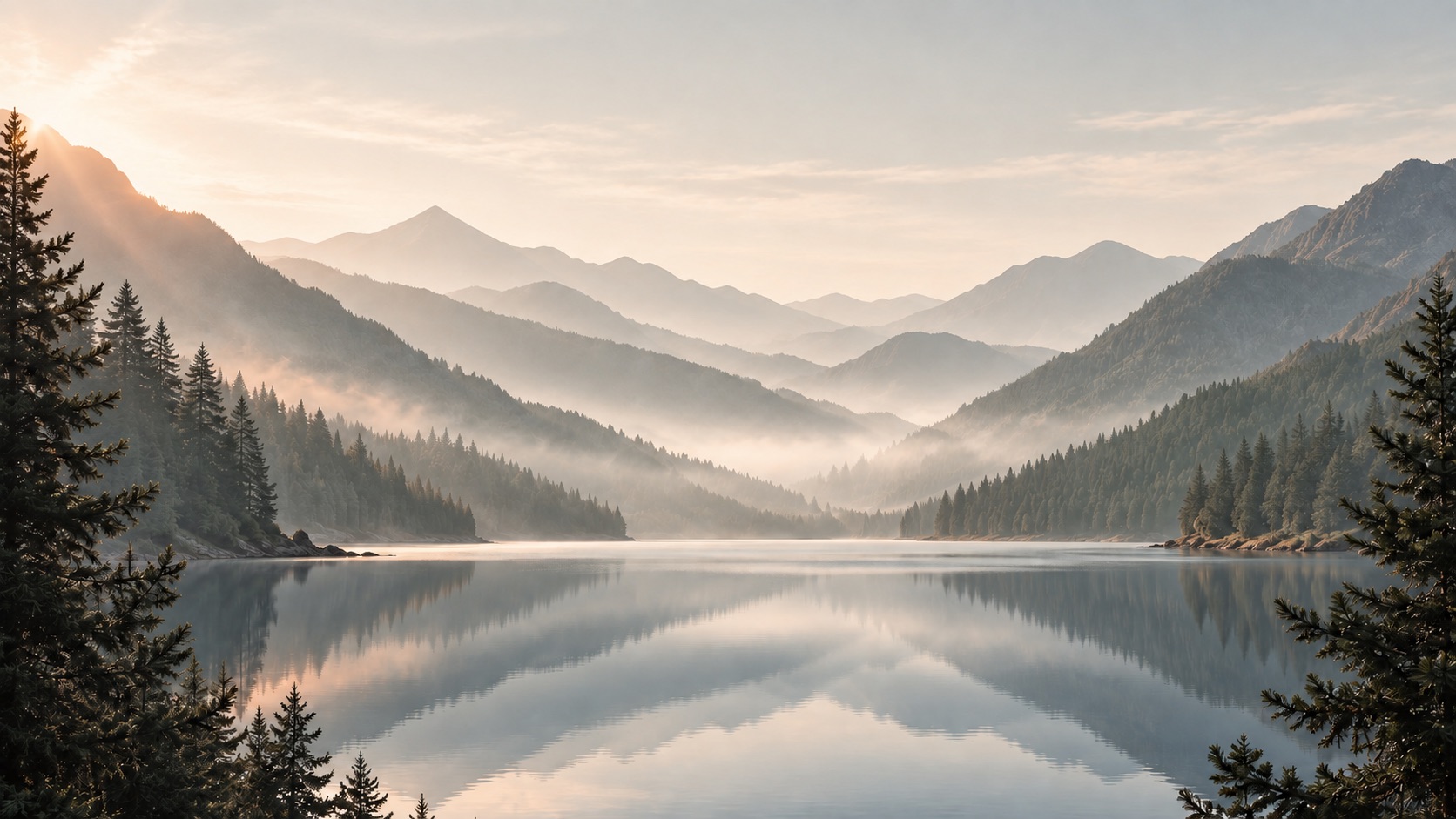 Misty mountain lake at sunrise framed by pine trees