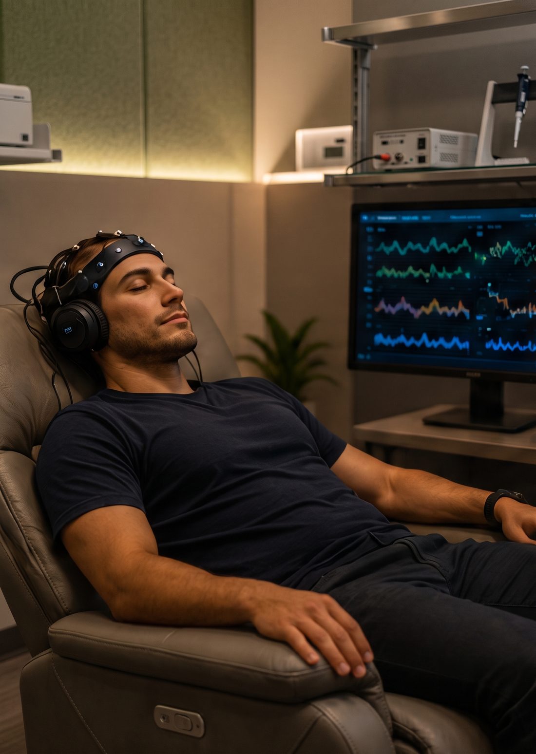 Man reclining in a chair with an EEG headset beside a monitor showing brainwaves