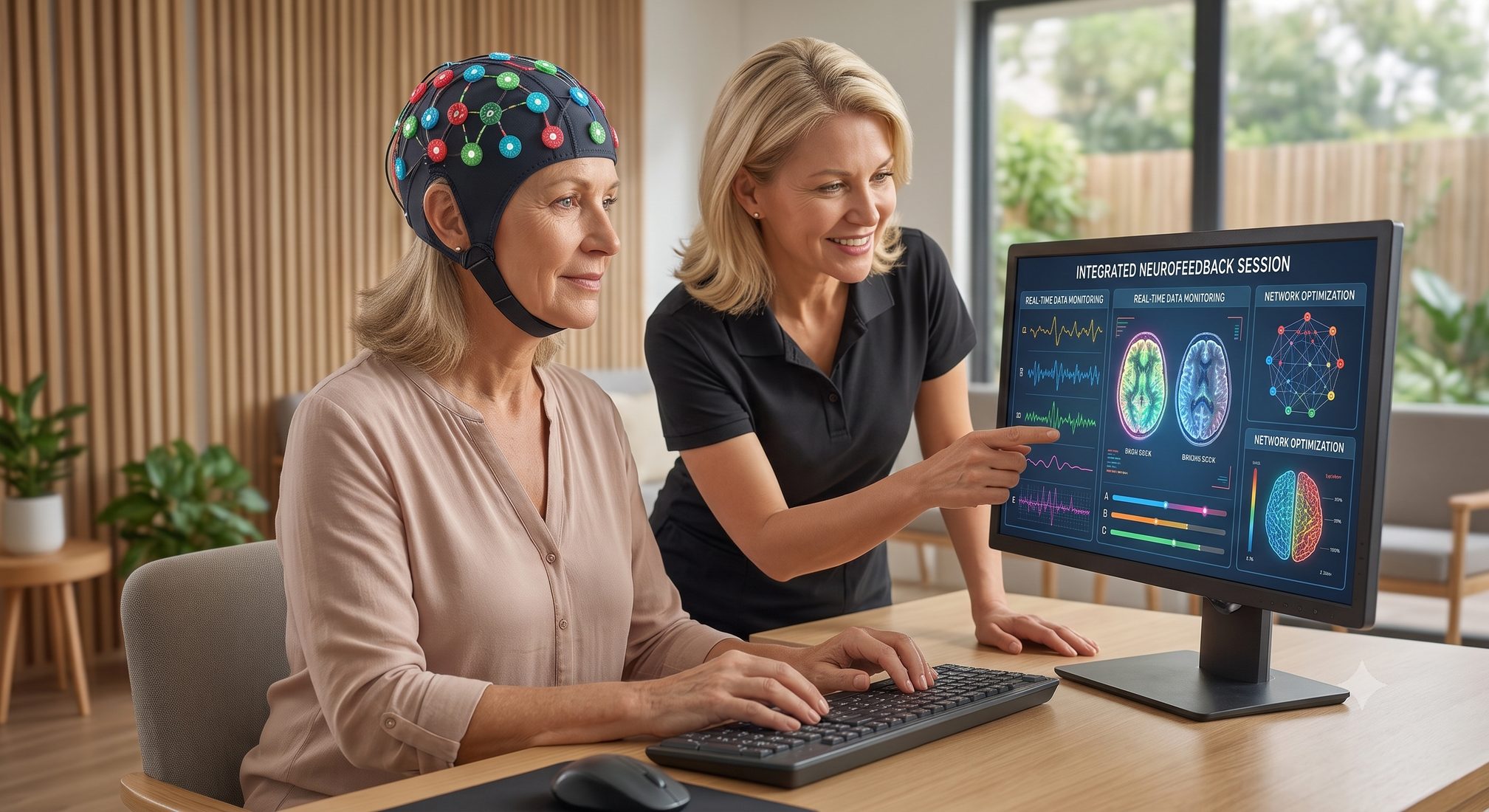 Woman in an EEG cap at a computer while a clinician points to her brain map on screen