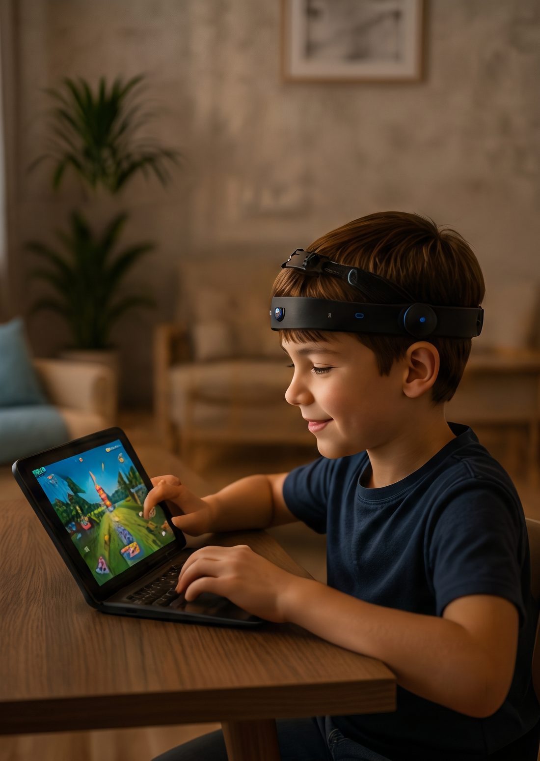 Boy wearing a neurofeedback headband playing a game on a tablet