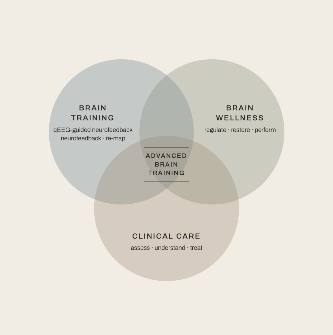 Venn diagram of the Neurozone ecosystem: brain training, brain wellness and clinical care overlapping in advanced brain training
