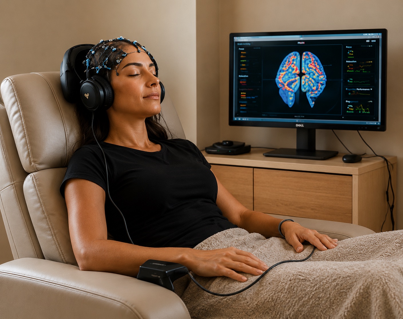 Woman relaxing in a recliner wearing an EEG cap and headphones during a neurofeedback session, a brain map on the monitor behind her