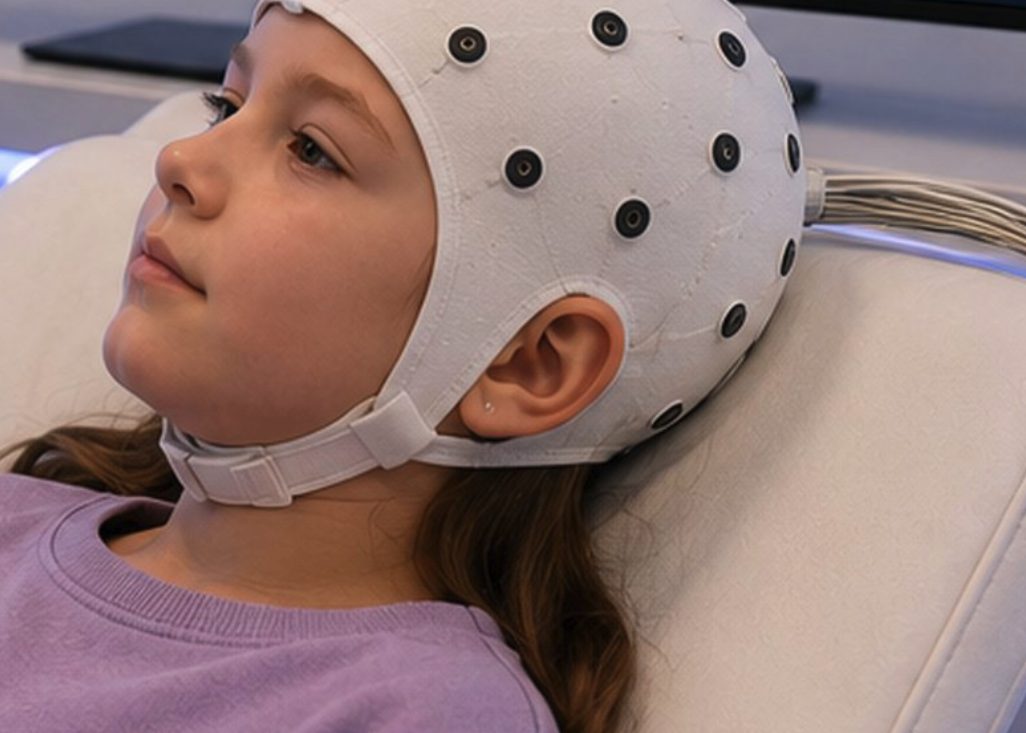 Child lying back comfortably wearing a 19-channel EEG cap during a quiet QEEG brain-map recording