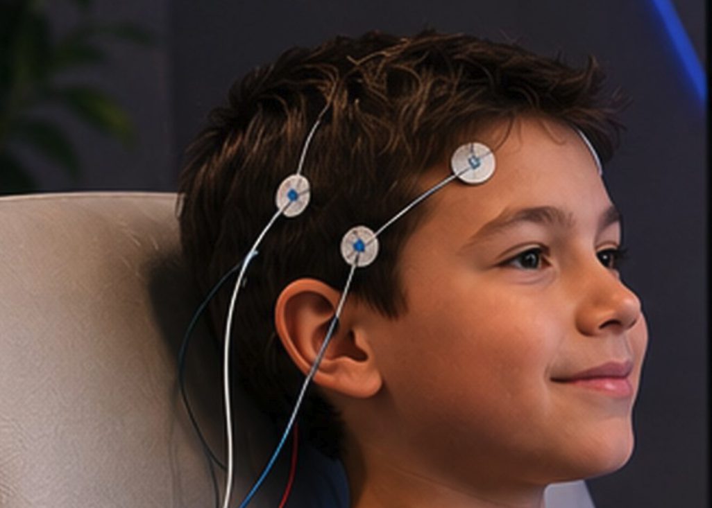 Child seated comfortably during a neurofeedback training session, with sensors placed at the training sites